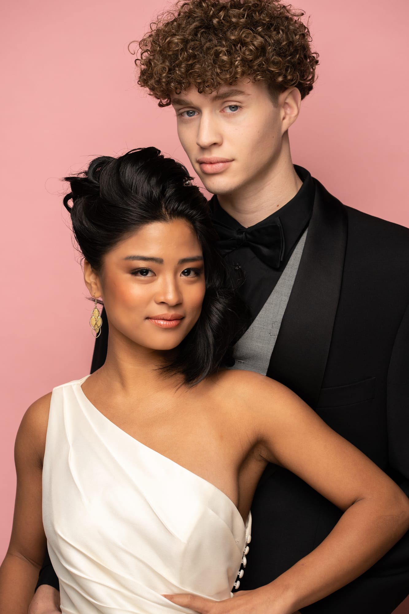 The Barbershoppe / Diva Den Bridal Formals corporate story frame 31: Collaborative bridal-formal brand photography for The Barbershoppe and Diva Den Day Spa at Kelowna Film Studios, with hair, makeup, formal looks, studio portraits and campaign-ready beauty imagery..