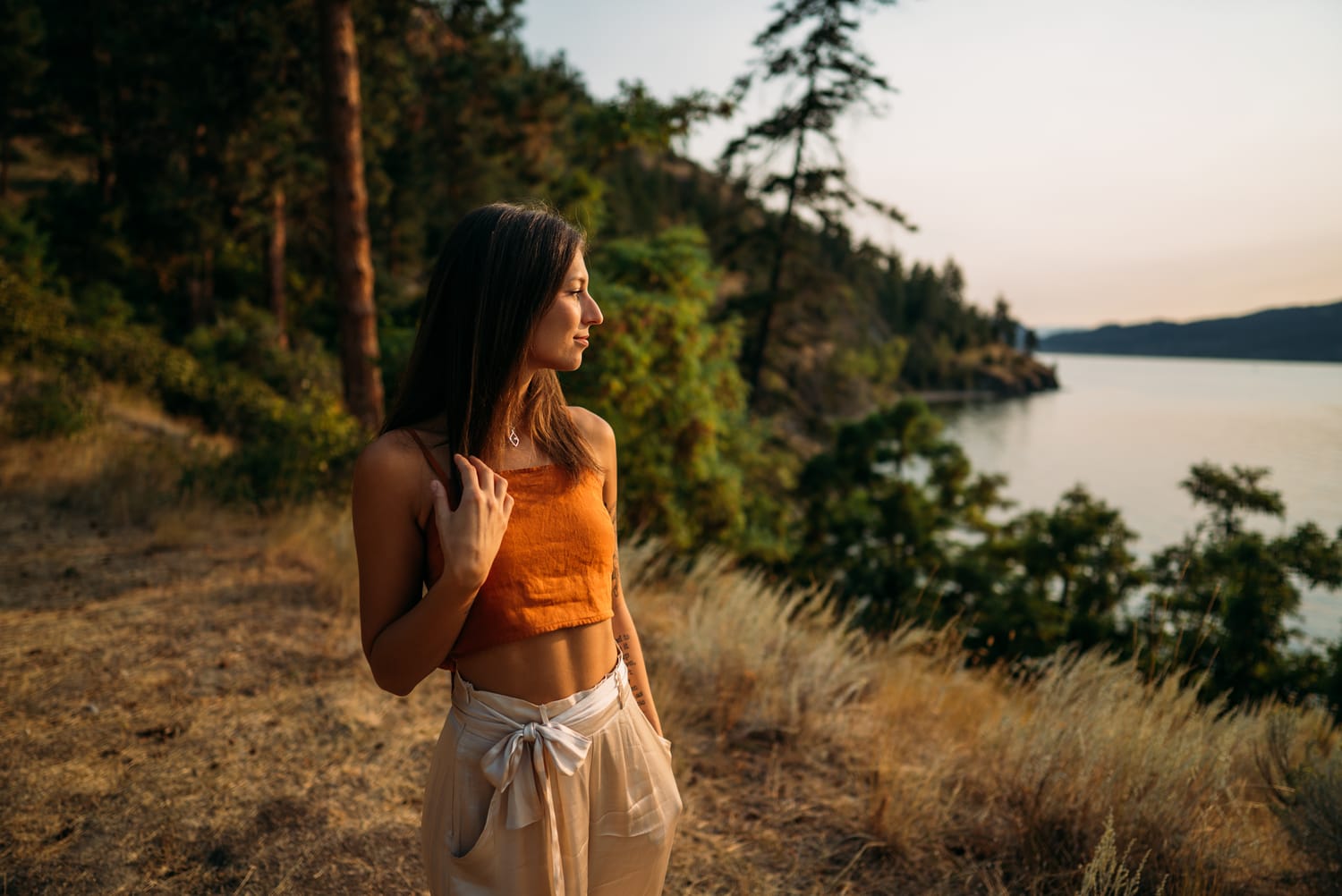 The Living Narrative, Sol corporate story frame 14: Personal-brand photography for The Living Narrative in Kelowna, with Sol in warm Okanagan light, lakeside portrait range and profile-ready images for creative business use..