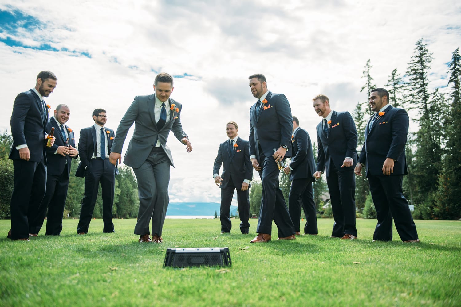 Tia and Matt weddings story frame 13: A Mabel Lake Airpark wedding in the North Okanagan, with grass-runway scenery, mountain openness and a warm end-of-night invitation..